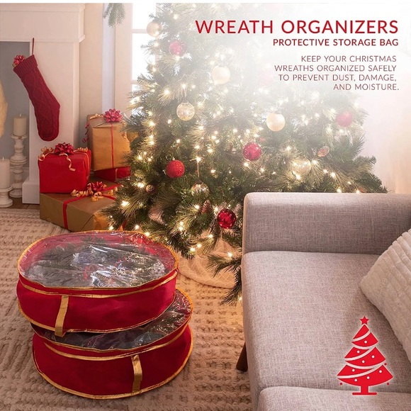 Simplify Holiday/ Christmas Set of Two 30 Inch Wreath Storage Totes- Red & Gold - Picture 4 of 14